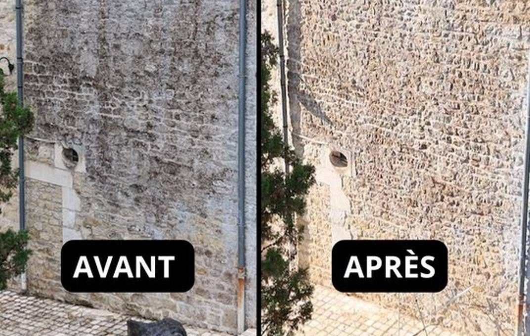 Mur en pierre ancienne avant et après traitement par LM Drone
