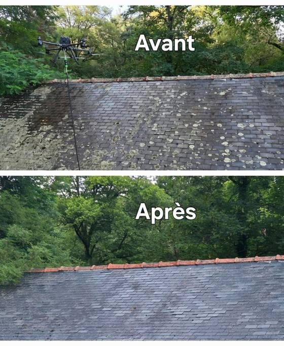 Toiture en ardoise vue du drone avant et après démoussage